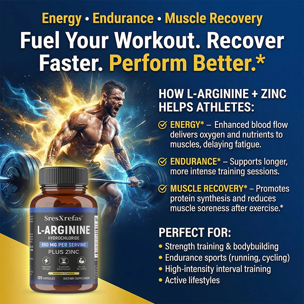 Men's L-Arginine 950mg Complex (120 Capsules) – Blood Circulation, Workout Endurance & Muscle Growth