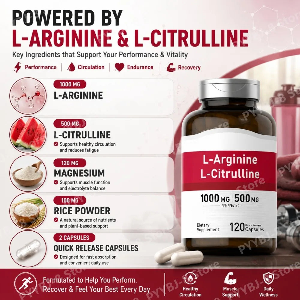 L-Arginine & L-Citrulline Complex (1500mg, 120 Count) – Dual-Action Nitric Oxide for Blood Flow & Physical Energy