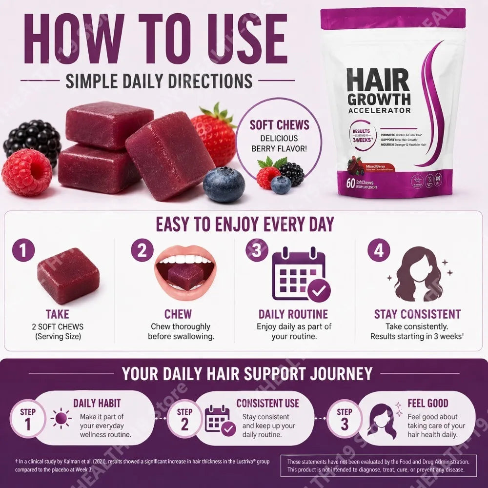 Hair Growth Soft Chews – Vitamin C & E Supplement for Thicker, Fuller & Healthier-Looking Hair – Berry Flavor – 60 Soft Chews