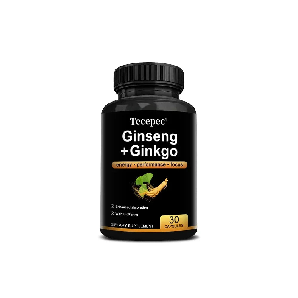 Korean Red Panax Ginseng Supplement - with Ginkgo, Increases Energy, Strength, Vitality, Performance and Focus, Brain Health