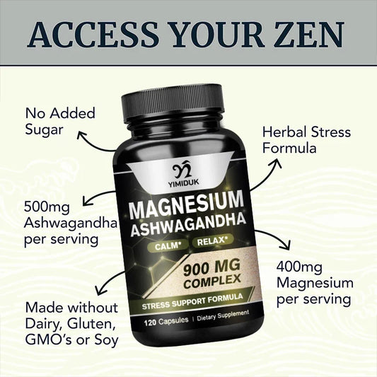 Magnesium + Ashwagandha Supplement, with Magnesium Citrate, Muscle Recovery, Heart & Bone Health, Calm & Relaxation