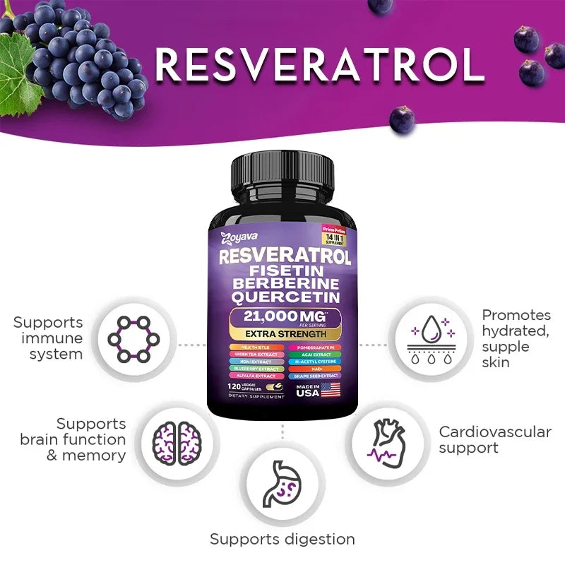 Resveratrol, Fisetin, Berberine & Quercetin Capsules – Senolytic Cellular Health, Metabolism & Immune Antioxidant