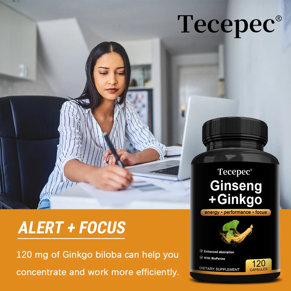 Korean Red Panax Ginseng Supplement - with Ginkgo, Increases Energy, Strength, Vitality, Performance and Focus, Brain Health