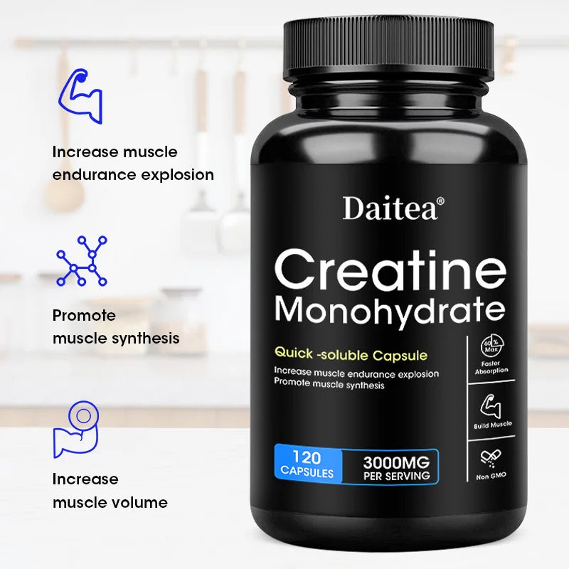 Daitea Creatine Monohydrate 3000 Mg - Strength, Muscle Health Supplement for Men and Women, Non-GMO and Gluten-Free Capsules