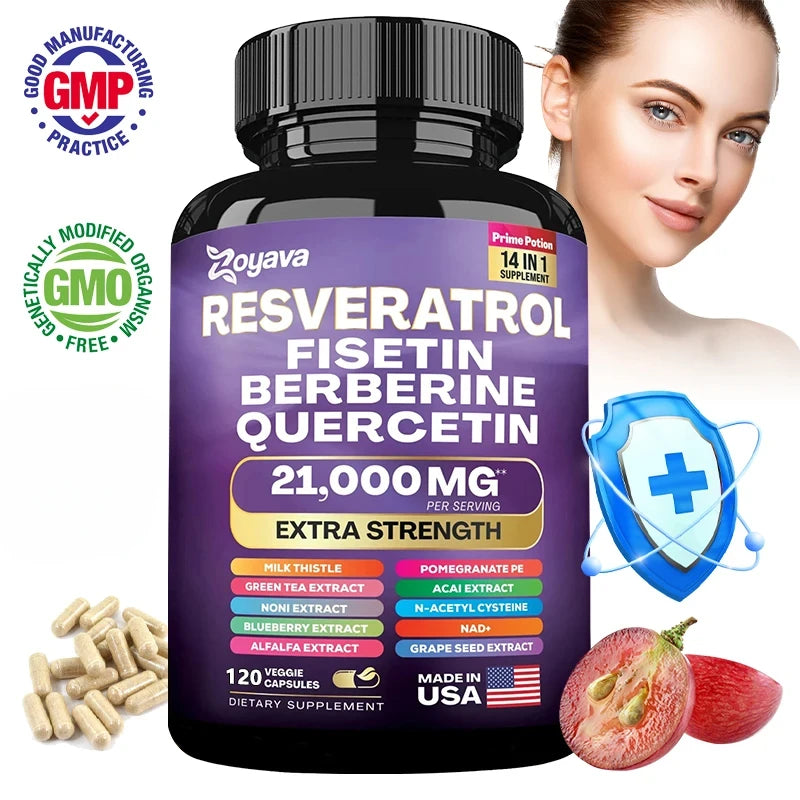 Resveratrol, Fisetin, Berberine & Quercetin Capsules – Senolytic Cellular Health, Metabolism & Immune Antioxidant