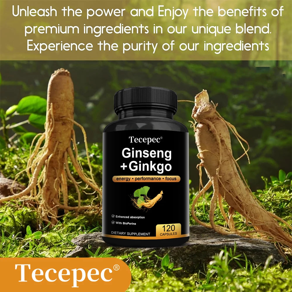Korean Red Panax Ginseng Supplement - with Ginkgo, Increases Energy, Strength, Vitality, Performance and Focus, Brain Health
