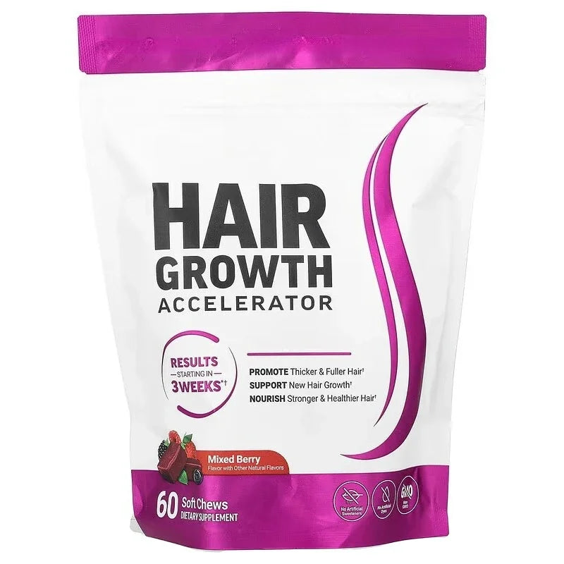 Hair Growth Soft Chews – Vitamin C & E Supplement for Thicker, Fuller & Healthier-Looking Hair – Berry Flavor – 60 Soft Chews