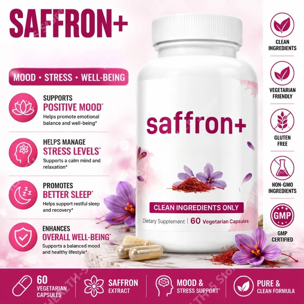 Saffron Extract 88.5mg Capsules, 60 Count Vegetarian Daily Wellness Supplement with Vitamin C Magnesium Turmeric L-Theanine
