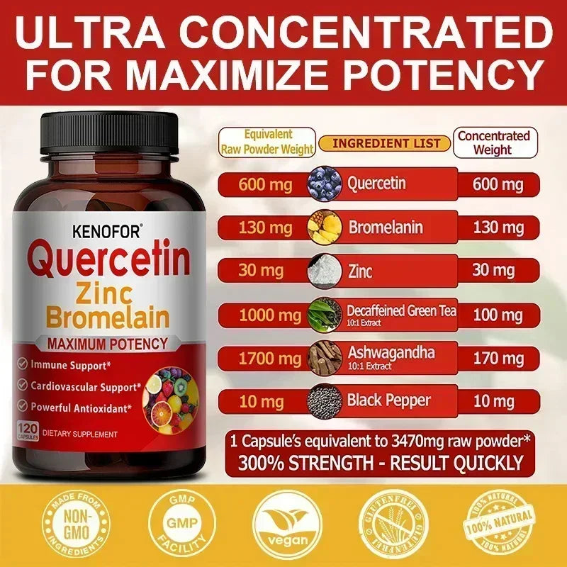 Zinc Quercetin + Bromelain 120 Vegetarian Capsules - Zinc Supplement for Antioxidant Immune Cardiovascular, Zinc for Men & Women