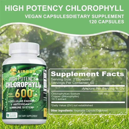 Chlorophyll Supplement 600mg - Supports The Immune System, Reduces Body Odor and Bad Breath, Boosts Energy, Antioxidant