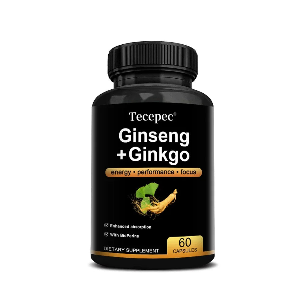 Korean Red Panax Ginseng Supplement - with Ginkgo, Increases Energy, Strength, Vitality, Performance and Focus, Brain Health