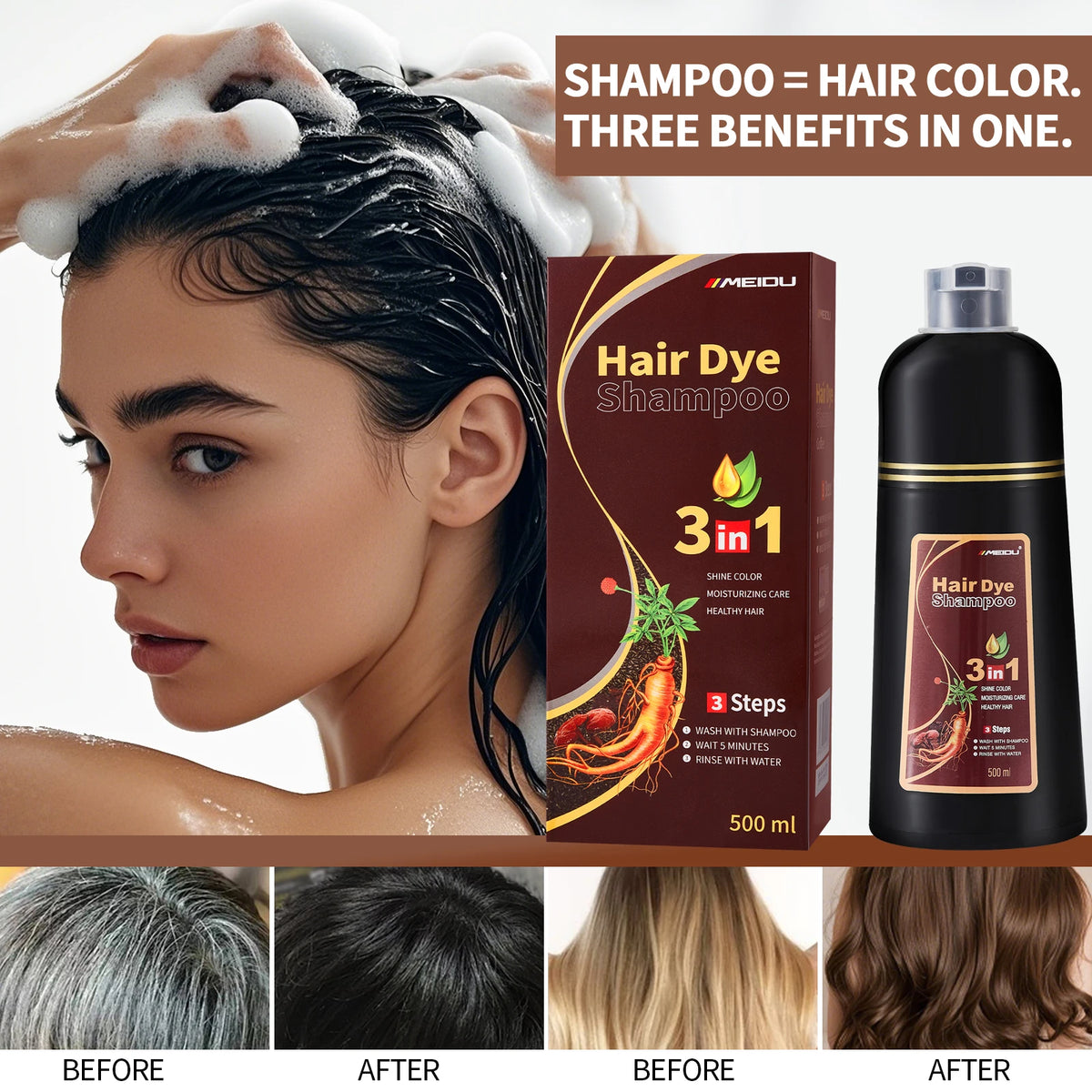 Meidu 3in1 Hair Dye Shampoo Easy To Use | Premium Care