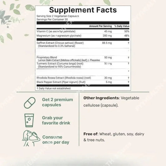 Saffron Extract 88.5mg Capsules, 60 Count Vegetarian Daily Wellness Supplement with Vitamin C Magnesium Turmeric L-Theanine