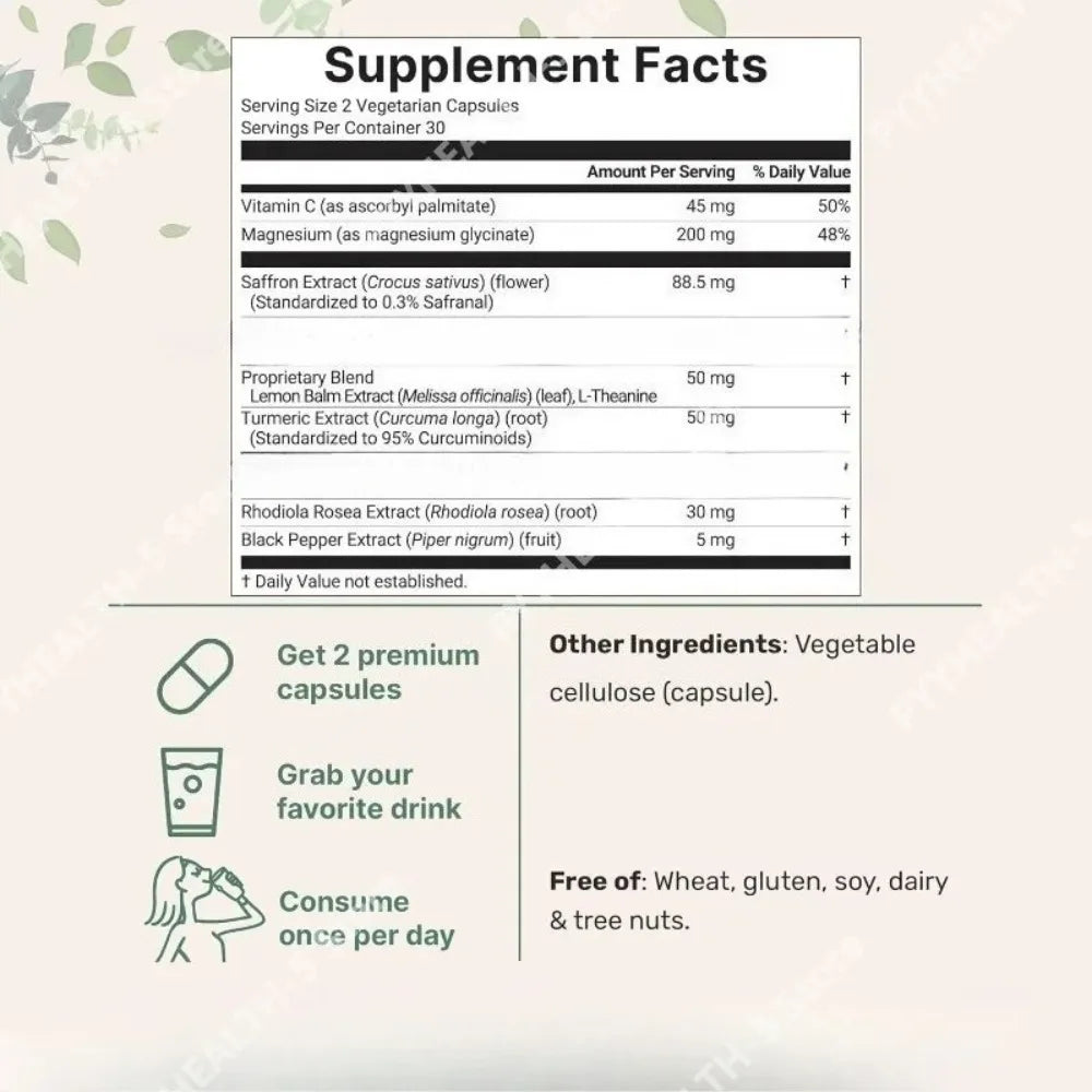 Saffron Extract 88.5mg Capsules, 60 Count Vegetarian Daily Wellness Supplement with Vitamin C Magnesium Turmeric L-Theanine