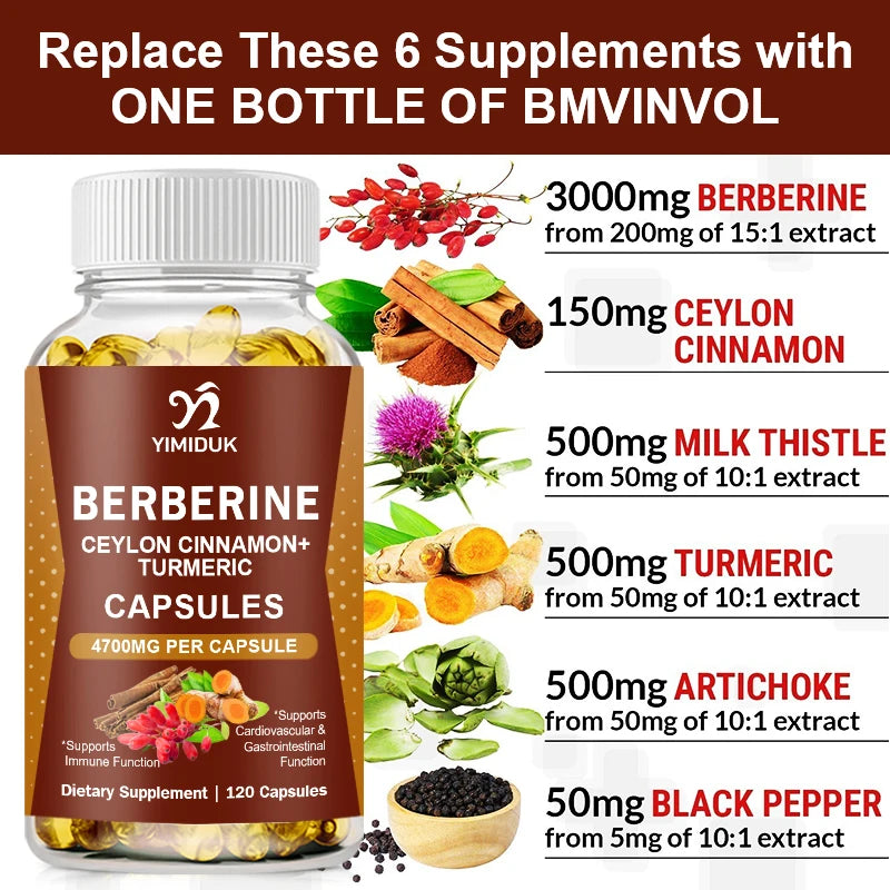 Premium Berberine HCl Supplement Capsules 1200mg – Supports Healthy Blood Sugar, Metabolism & Immune System
