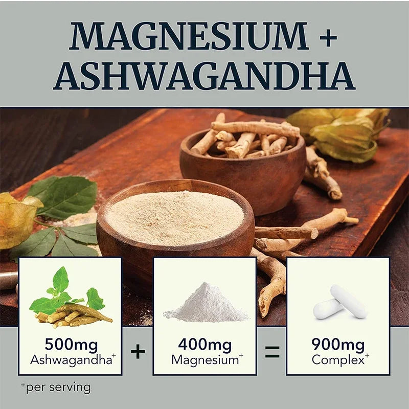 Magnesium + Ashwagandha Supplement, with Magnesium Citrate, Muscle Recovery, Heart & Bone Health, Calm & Relaxation