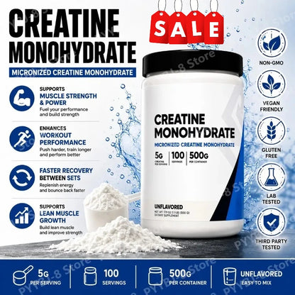 500g Creatine Monohydrate Powder Powder 100 Serving Mix with Water for Drinking Supplement Help Enhance Strength Sport Support