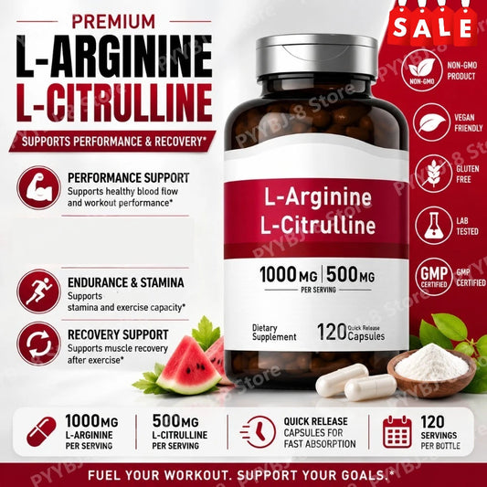 L-Arginine & L-Citrulline Complex (1500mg, 120 Count) – Dual-Action Nitric Oxide for Blood Flow & Physical Energy