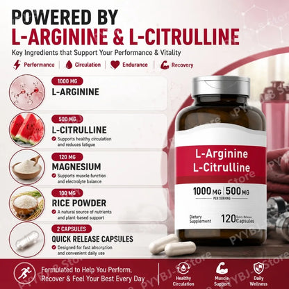 L-Arginine & L-Citrulline Complex (1500mg, 120 Count) – Dual-Action Nitric Oxide for Blood Flow & Physical Energy
