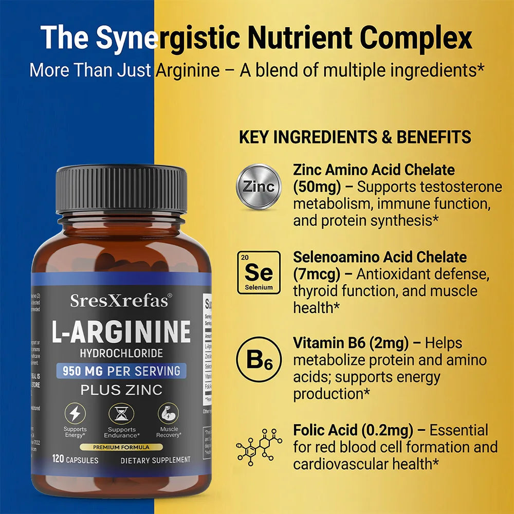Men's L-Arginine 950mg Complex (120 Capsules) – Blood Circulation, Workout Endurance & Muscle Growth