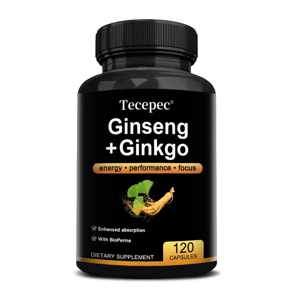 Korean Red Panax Ginseng Supplement - with Ginkgo, Increases Energy, Strength, Vitality, Performance and Focus, Brain Health