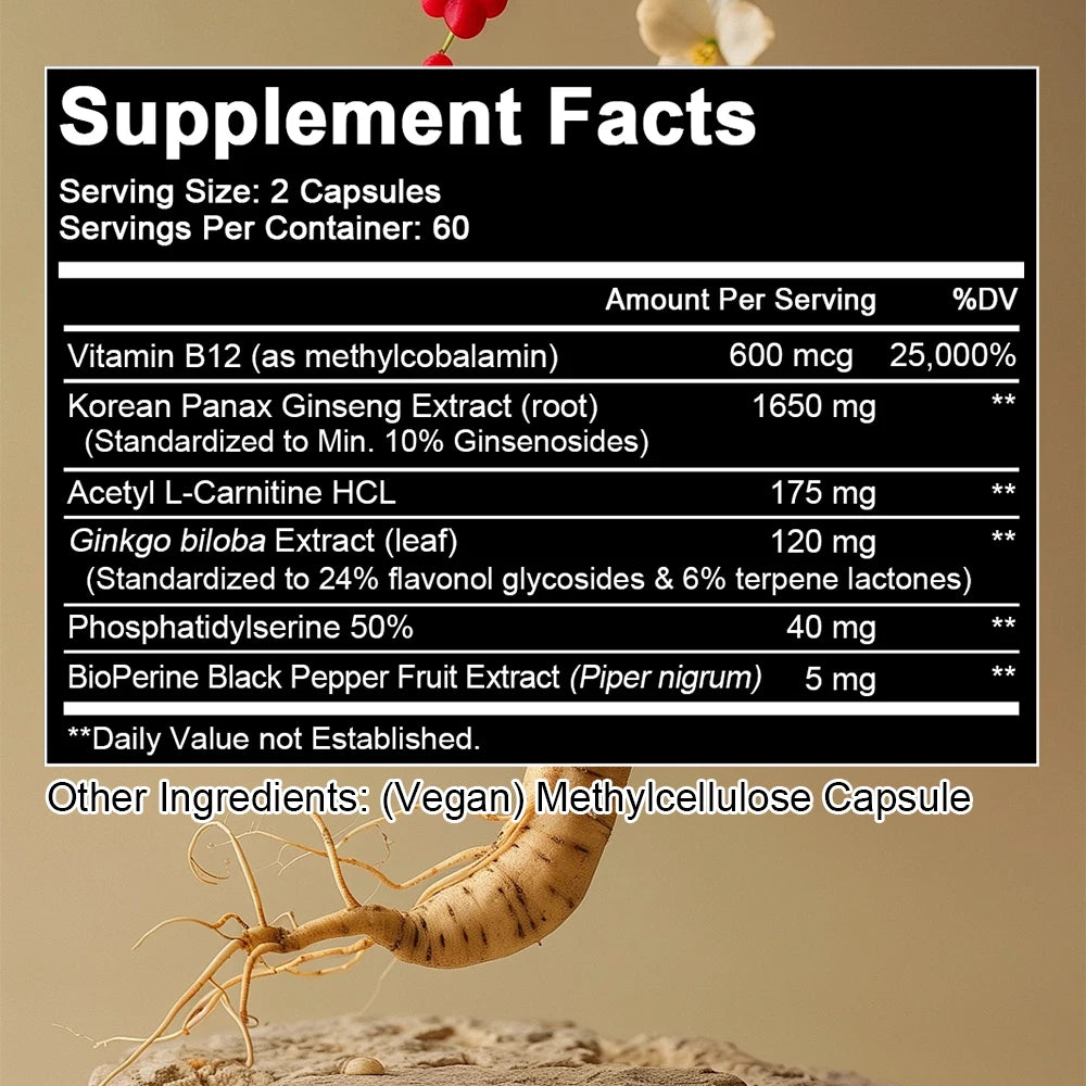 Korean Red Panax Ginseng Supplement - with Ginkgo, Increases Energy, Strength, Vitality, Performance and Focus, Brain Health