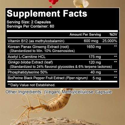 Korean Red Panax Ginseng Supplement - with Ginkgo, Increases Energy, Strength, Vitality, Performance and Focus, Brain Health