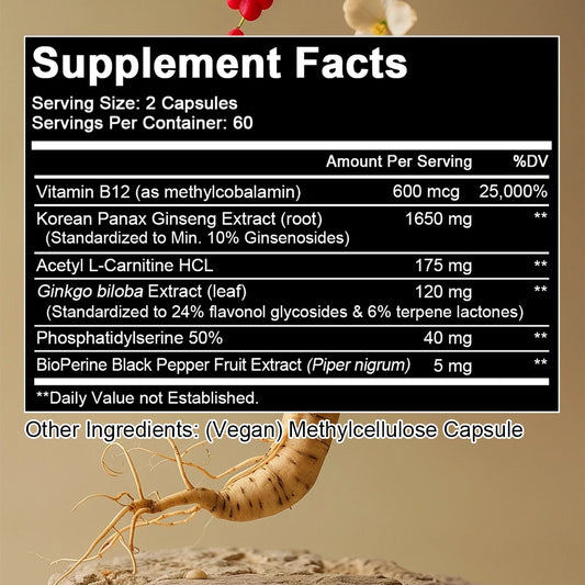 Korean Red Panax Ginseng Supplement - with Ginkgo, Increases Energy, Strength, Vitality, Performance and Focus, Brain Health