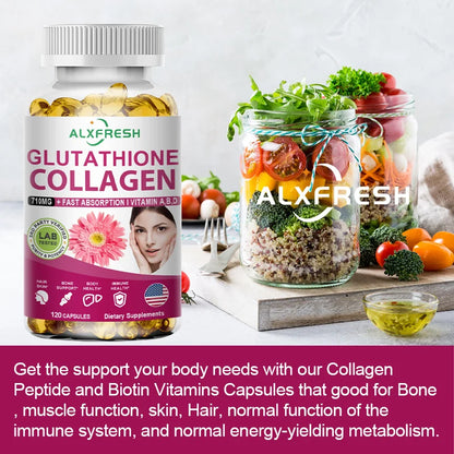 Multi Collagen & Glutathione Biotin Supplement for Skin , Hair, Bone Health Support with Vitamin A D B6 B12 Capsules