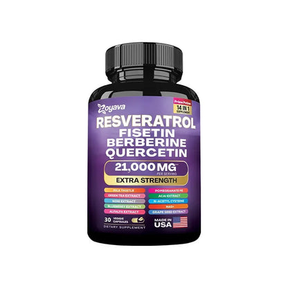 Resveratrol, Fisetin, Berberine & Quercetin Capsules – Senolytic Cellular Health, Metabolism & Immune Antioxidant