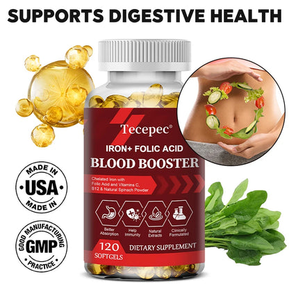 Iron + Folic Acid Blood Tonic - Replenish Iron Content, No Side Effects Iron Supplement- with Vitamin C, Vitamin B12, Folic Acid
