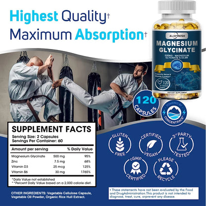 Ultra Pure Magnesium Glycinate 500mg with Zinc, Vitamin D3 & B6 – Muscle Relaxation, Nervous System Support, Deep Sleep & Fatigue Relief