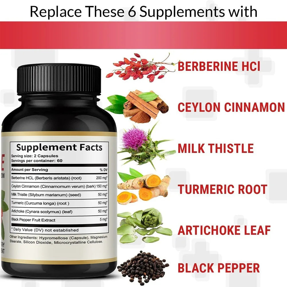 6 in 1 Supplement,Berberine with Ceylon Cinnamon,Turmeric,Milk Thistle,Artichoke,Black Pepper,Support Digestive Liver Health