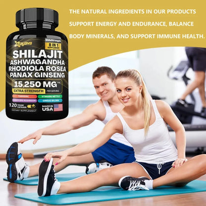 8 in 1 Supplements - Shilajit with Ginseng Ashwagandha for Brain, Memory, Concentration, Energy, Immune Health