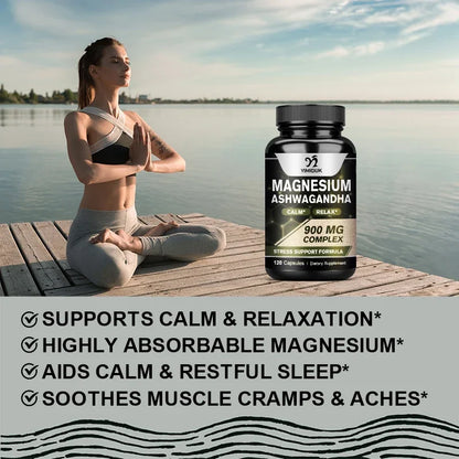 Magnesium + Ashwagandha Supplement, with Magnesium Citrate, Muscle Recovery, Heart & Bone Health, Calm & Relaxation