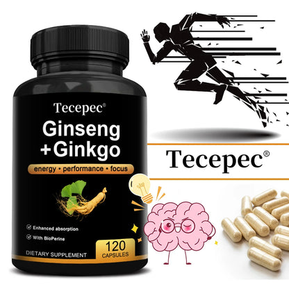 Korean Red Panax Ginseng Supplement - with Ginkgo, Increases Energy, Strength, Vitality, Performance and Focus, Brain Health
