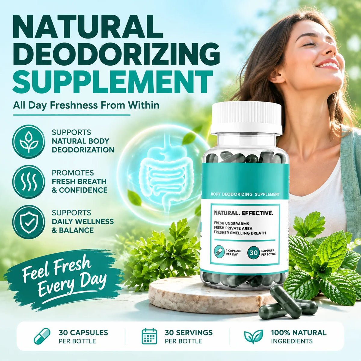 Natural Chlorophyll Deodorizing & Gut Wellness Capsules (30 Count)