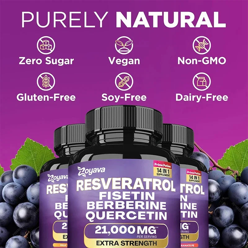 Resveratrol, Fisetin, Berberine & Quercetin Capsules – Senolytic Cellular Health, Metabolism & Immune Antioxidant