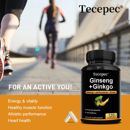 Korean Red Panax Ginseng Supplement - with Ginkgo, Increases Energy, Strength, Vitality, Performance and Focus, Brain Health