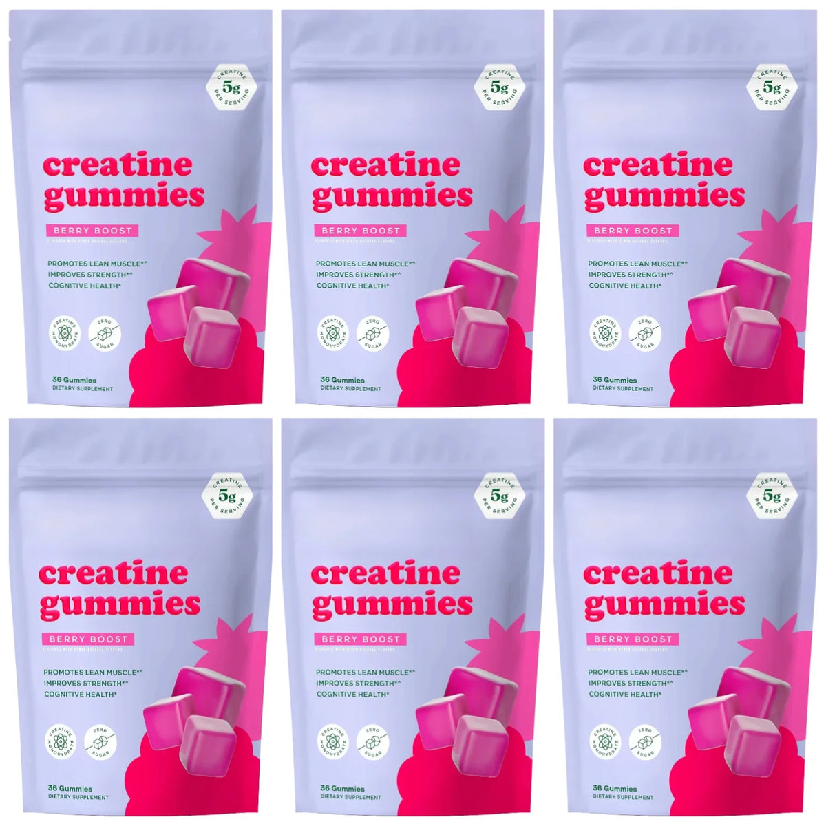Berry Flavor Creatine Monohydrate 5g Gummies - Zero Sugar 36 Count Non-GMO Gluten Free Vegetarian Supplement for Fitness And Bod