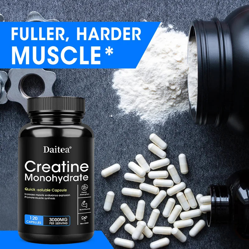 Daitea Creatine Monohydrate 3000 Mg - Strength, Muscle Health Supplement for Men and Women, Non-GMO and Gluten-Free Capsules