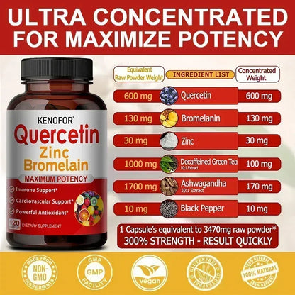 Zinc Quercetin + Bromelain 120 Vegetarian Capsules - Zinc Supplement for Antioxidant Immune Cardiovascular, Zinc for Men & Women