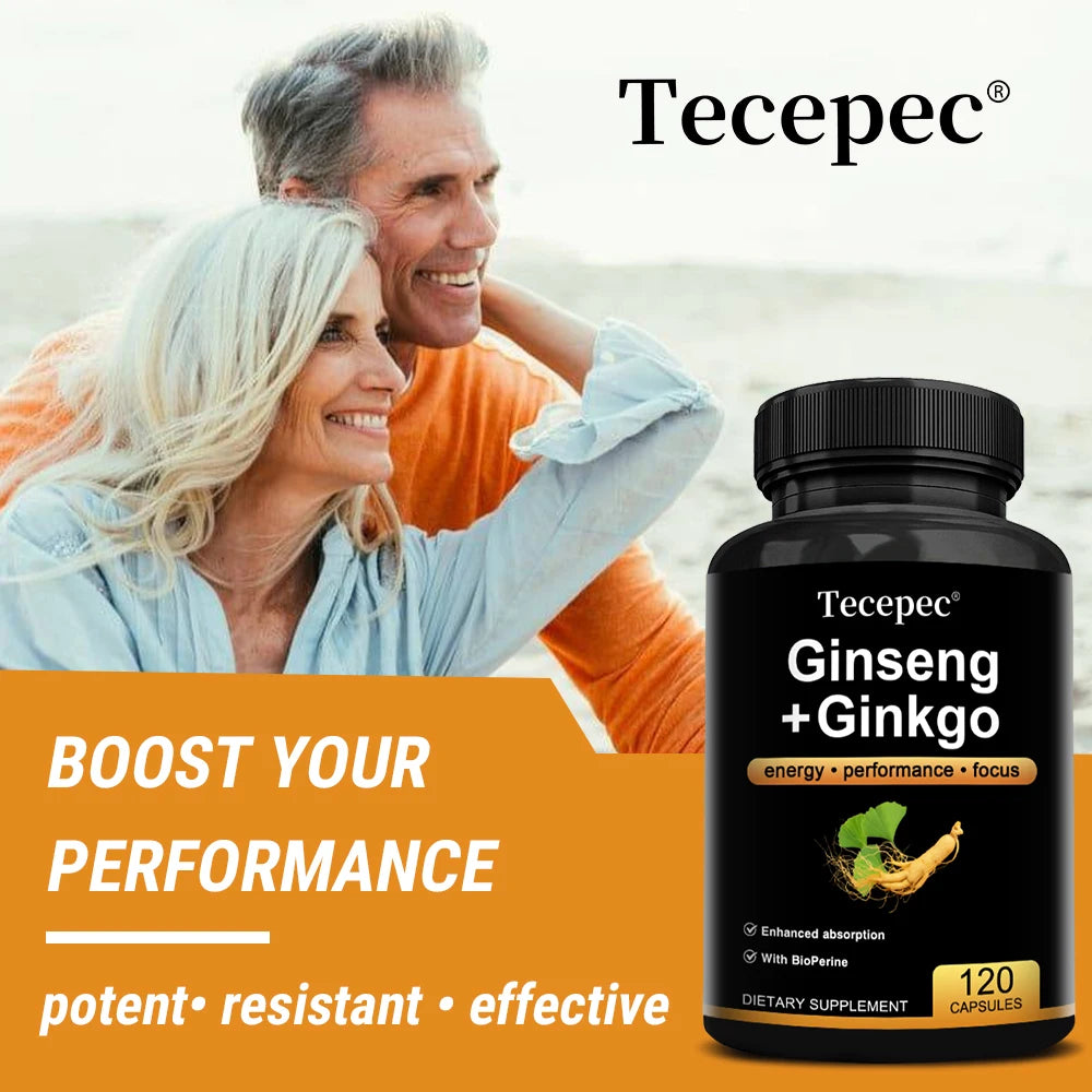 Korean Red Panax Ginseng Supplement - with Ginkgo, Increases Energy, Strength, Vitality, Performance and Focus, Brain Health