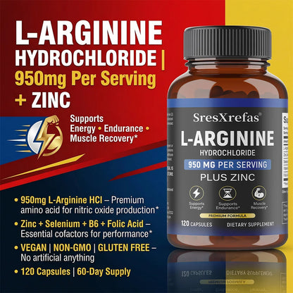 Men's L-Arginine 950mg Complex (120 Capsules) – Blood Circulation, Workout Endurance & Muscle Growth