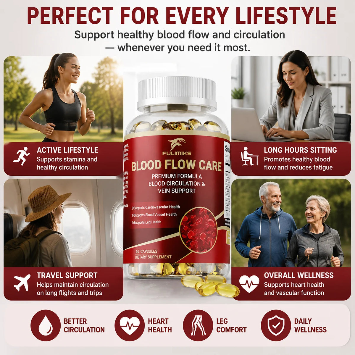 Blood Flow Care Supplement - Promotes Leg Vein, Heart, Blood Vessel and Cardiovascular Health, Supporting Blood Circulation