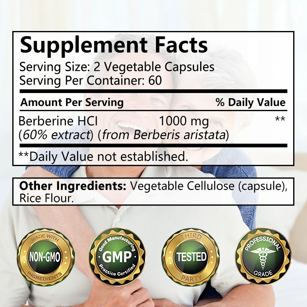 Berberine Supplement 1000 mg - Supports Heart Health, Immune System, GI Health, Cholesterol - Gluten Free, Dairy Free