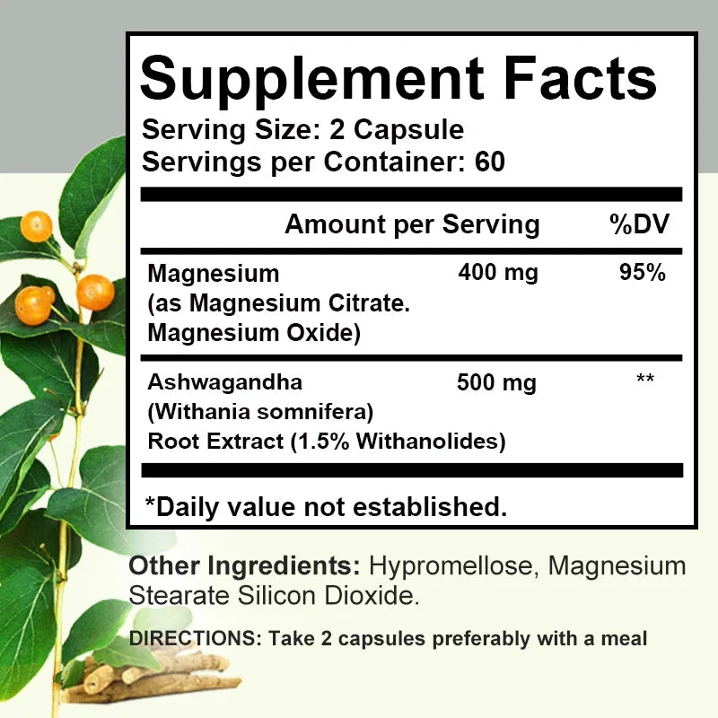 Magnesium + Ashwagandha Supplement, with Magnesium Citrate, Muscle Recovery, Heart & Bone Health, Calm & Relaxation