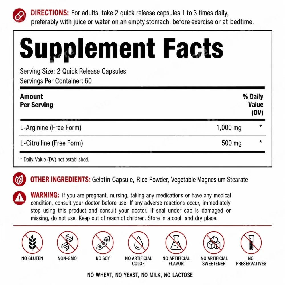 L-Arginine & L-Citrulline Complex (1500mg, 120 Count) – Dual-Action Nitric Oxide for Blood Flow & Physical Energy