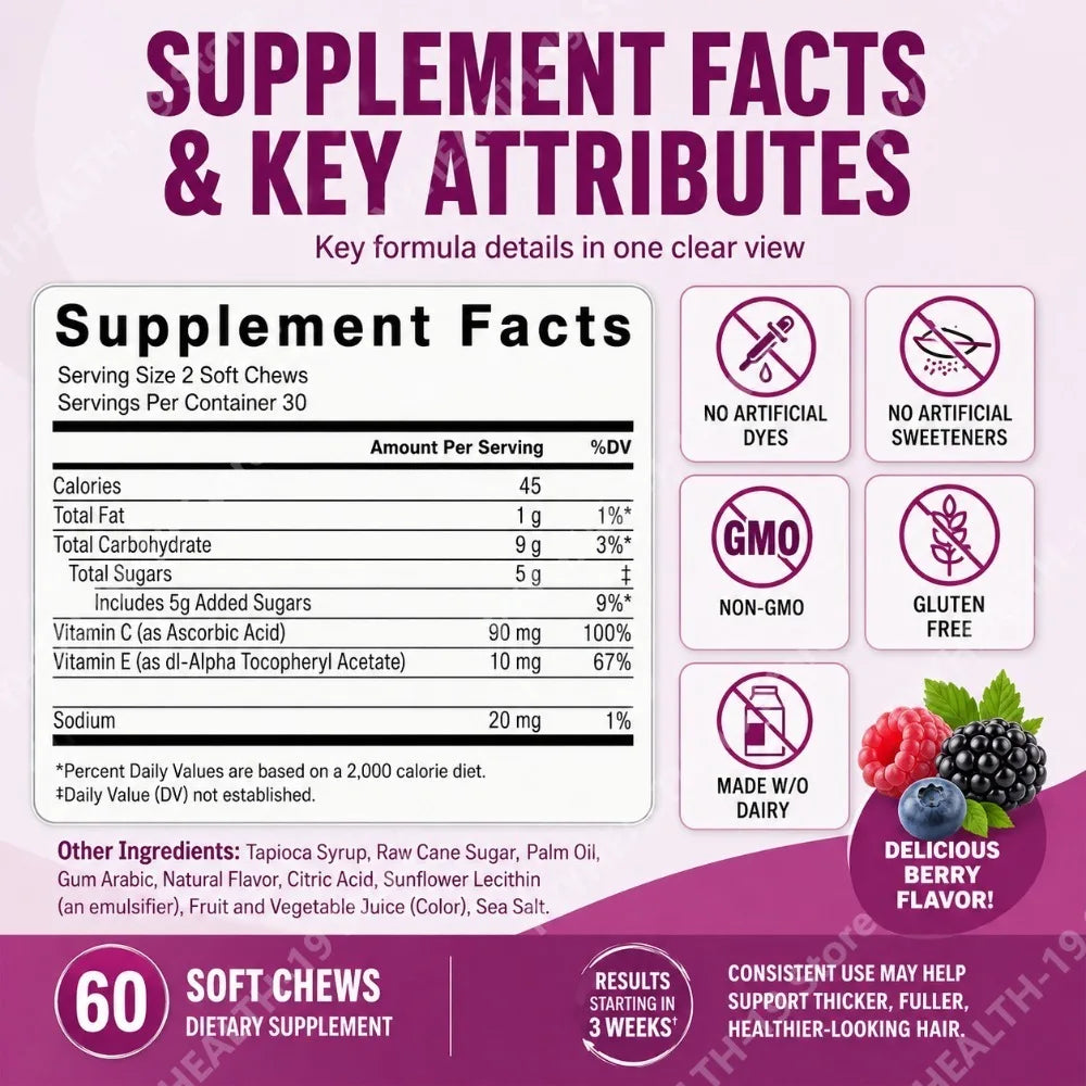 Hair Growth Soft Chews – Vitamin C & E Supplement for Thicker, Fuller & Healthier-Looking Hair – Berry Flavor – 60 Soft Chews