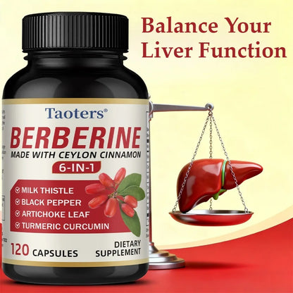 6 in 1 Supplement,Berberine with Ceylon Cinnamon,Turmeric,Milk Thistle,Artichoke,Black Pepper,Support Digestive Liver Health